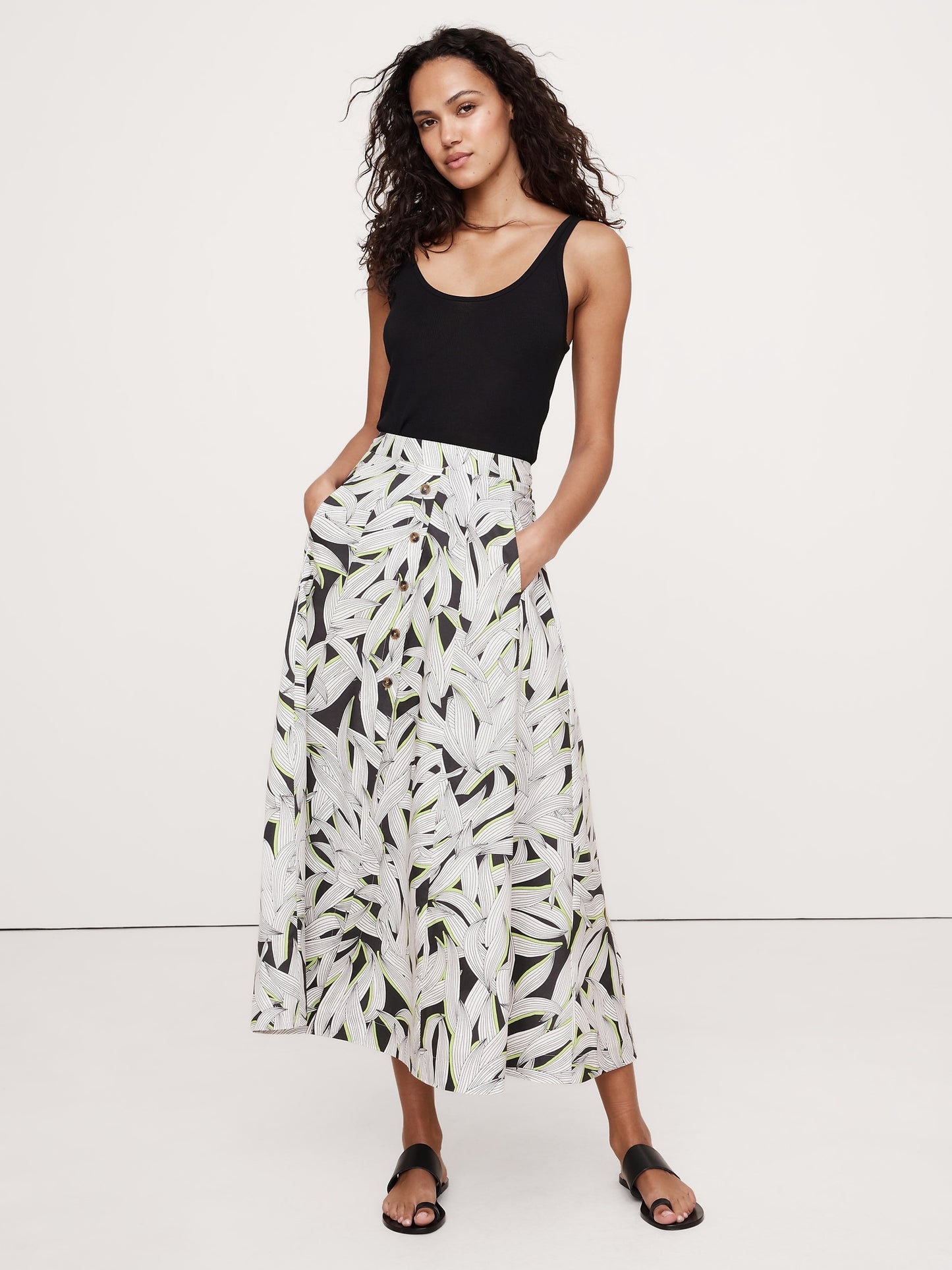 Cotton Poplin Button-Down Long Midi Skirt