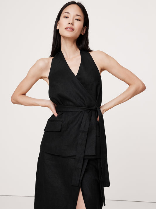 تونيك كتان ملفوف بياقة هالتر