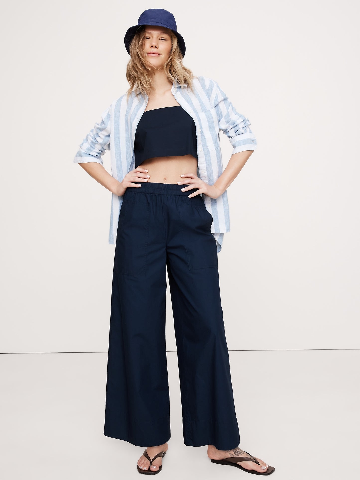 Wide-Leg Cotton Poplin Pull-On Ankle Pant