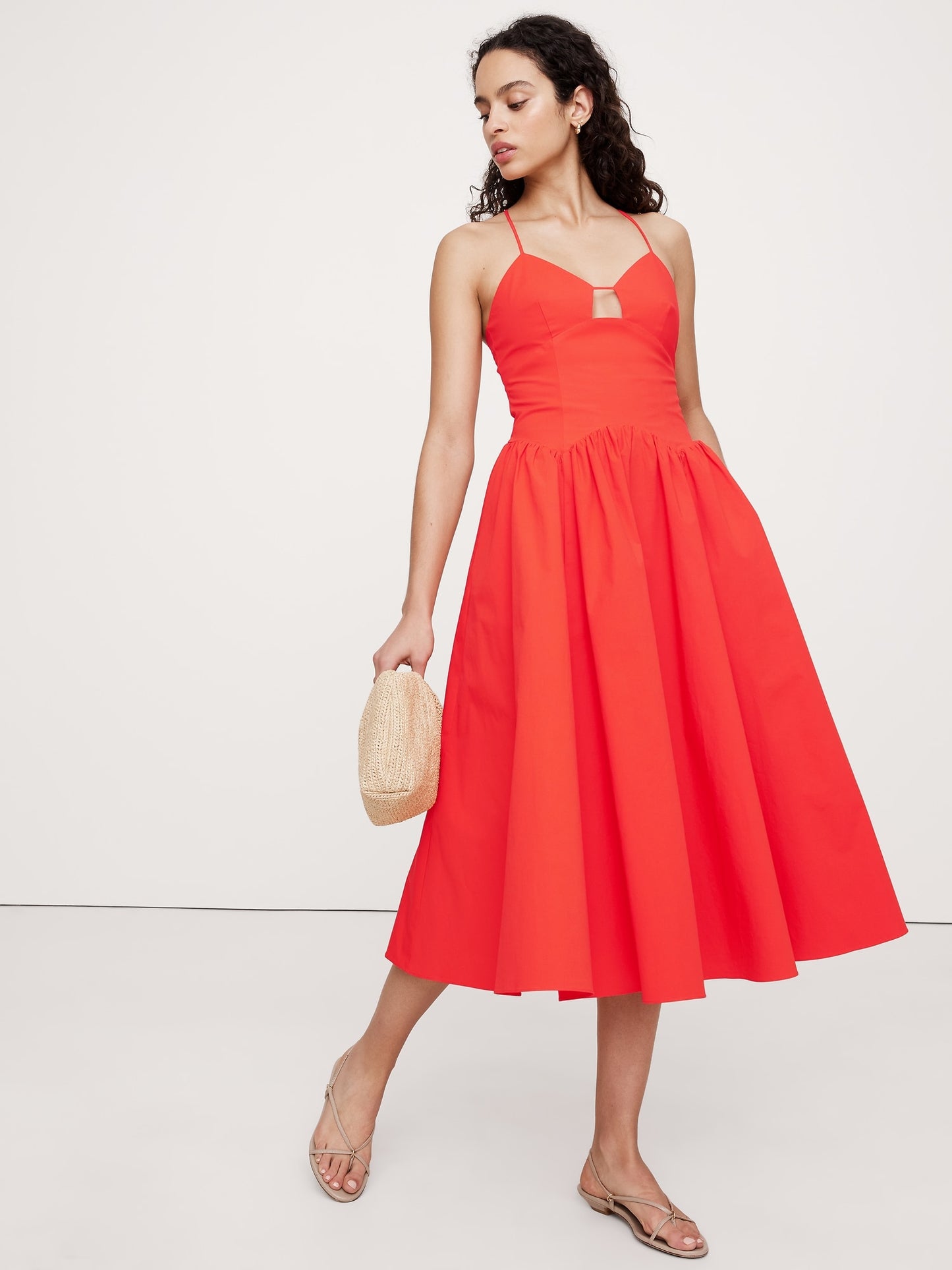 فستان ميدي بوبلين قطن طويل مرن