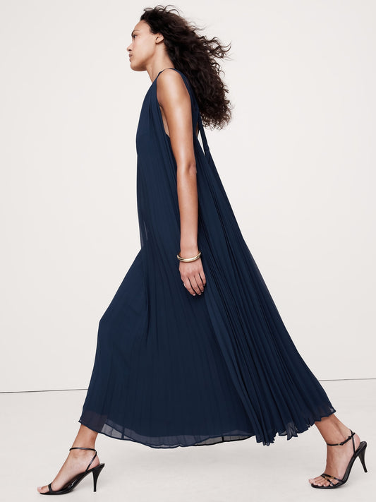 Pleated Georgette Open-Back Long Midi Dress