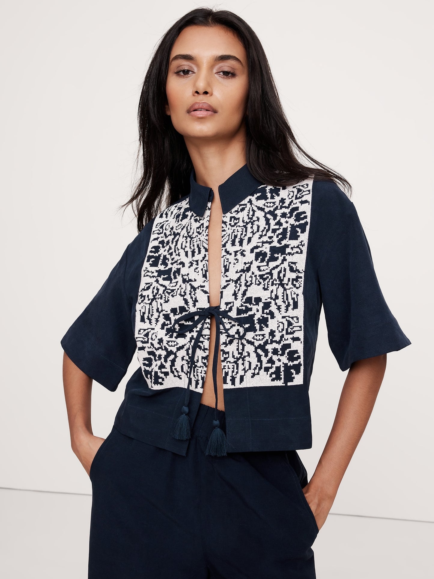 Embroidered Tencel™-Linen Tie-Front Top