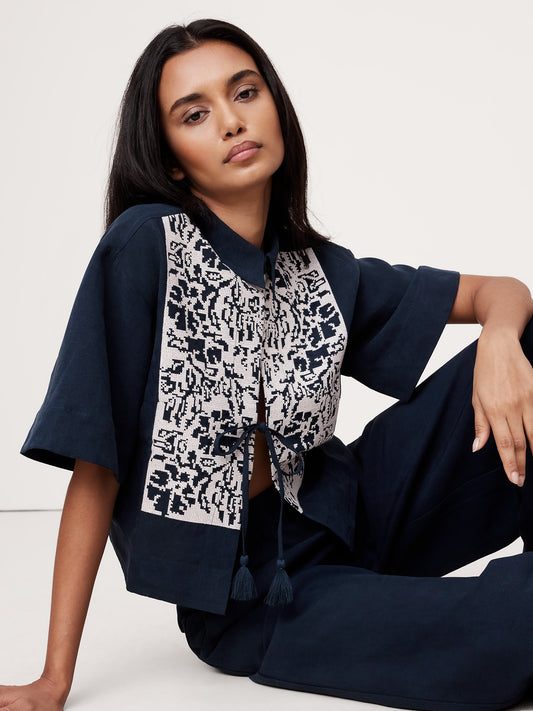 Embroidered Tencelâ„¢-Linen Tie-Front Top