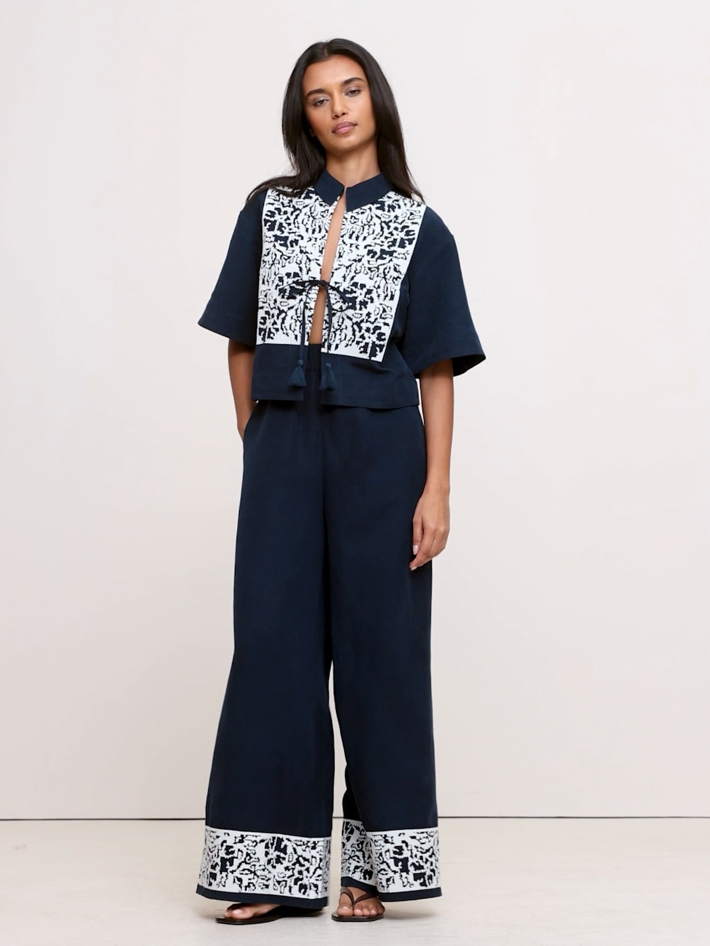 Embroidered Tencel™-Linen Tie-Front Top