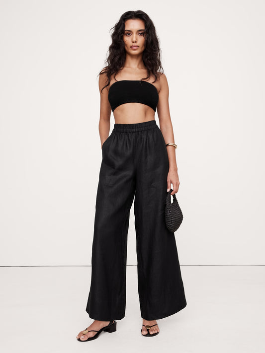 Wide-Leg Linen Pull-On Ankle Pant