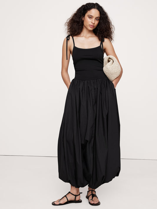 Mixed Media Bubble-Hem Maxi Dress