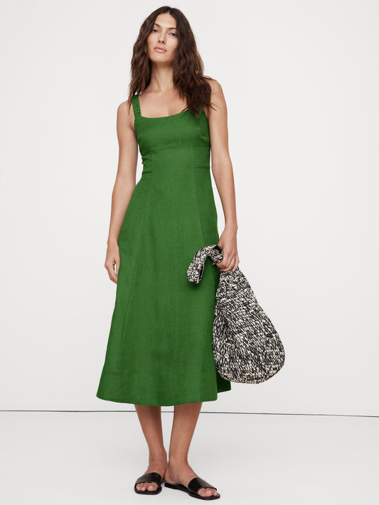 فستان ميدي كتان بفتحة ياقة مربعة