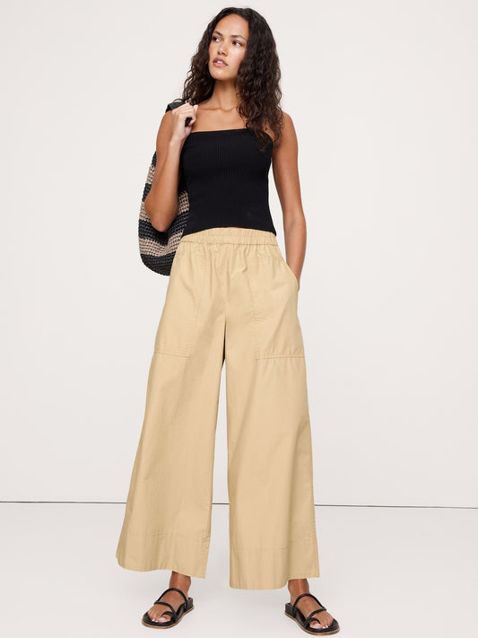 Wide-Leg Cotton Poplin Pull-On Ankle Pant
