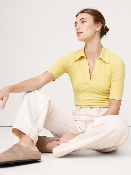 Ribbed Elbow-Sleeve Polo