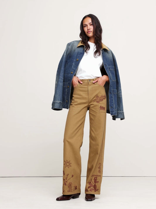 High-Rise Embroidered Cotton Canvas Relaxed-Straight Pant