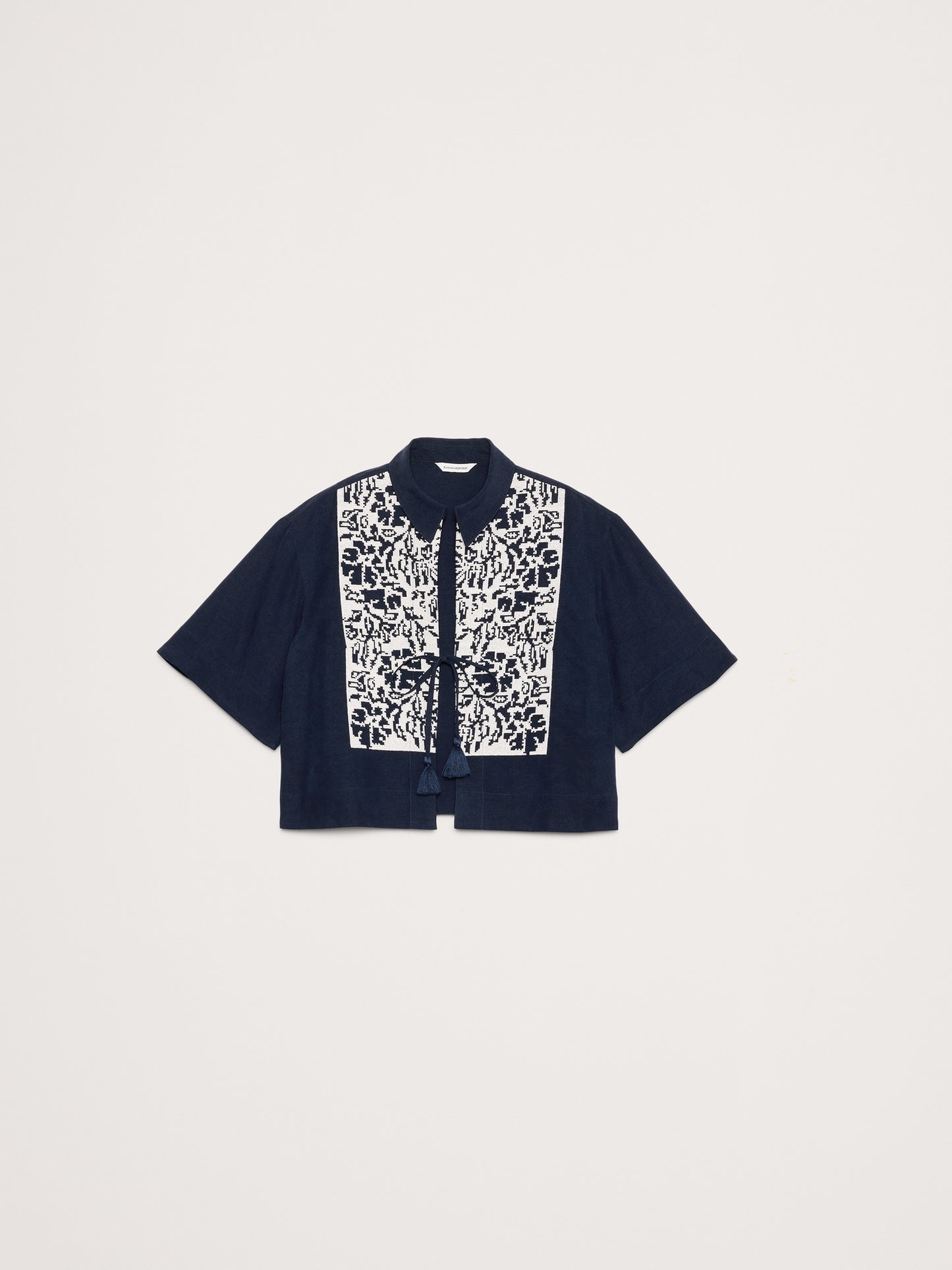 Embroidered Tencel™-Linen Tie-Front Top
