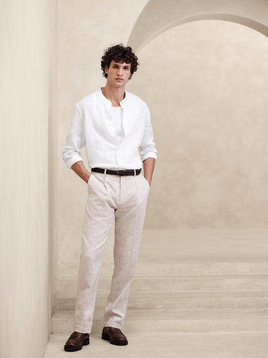 Castello Linen Banded-Collar Shirt