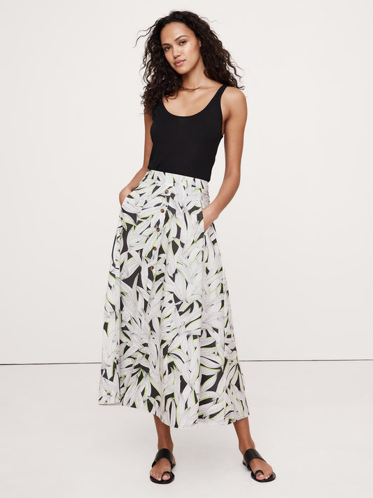 Cotton Poplin Button-Down Long Midi Skirt