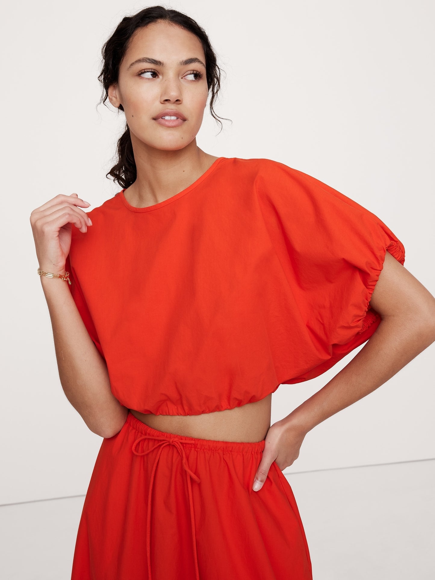 Poplin Bubble-Hem Cropped Top