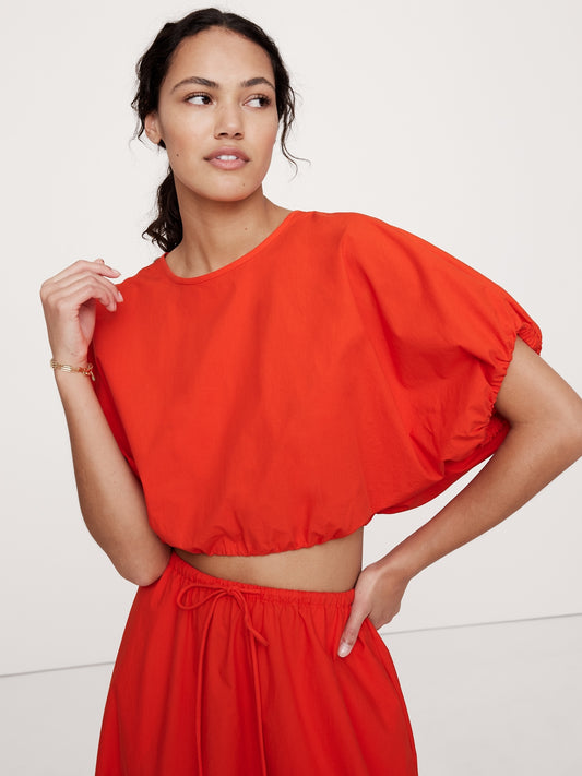 Poplin Bubble-Hem Cropped Top