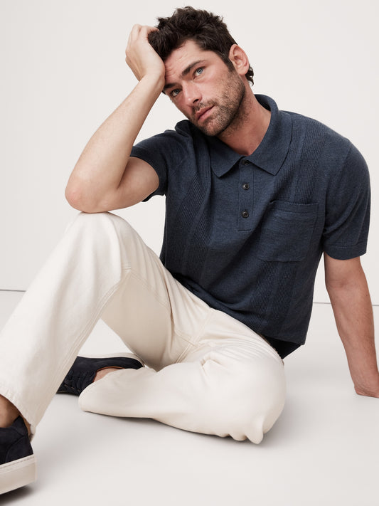 Linen-Cotton Ribbed Sweater Polo