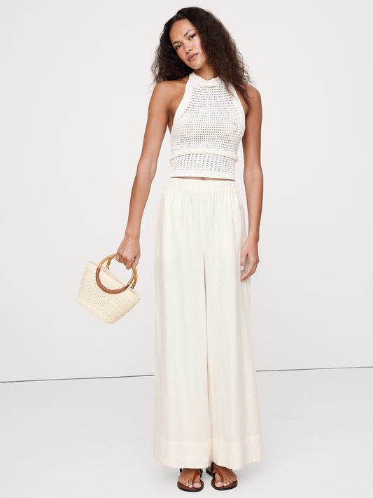 Wide-Leg Linen Pull-On Ankle Pant