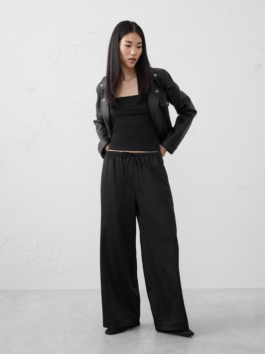 Wide-Leg Crinkled Satin Pull-On Pant