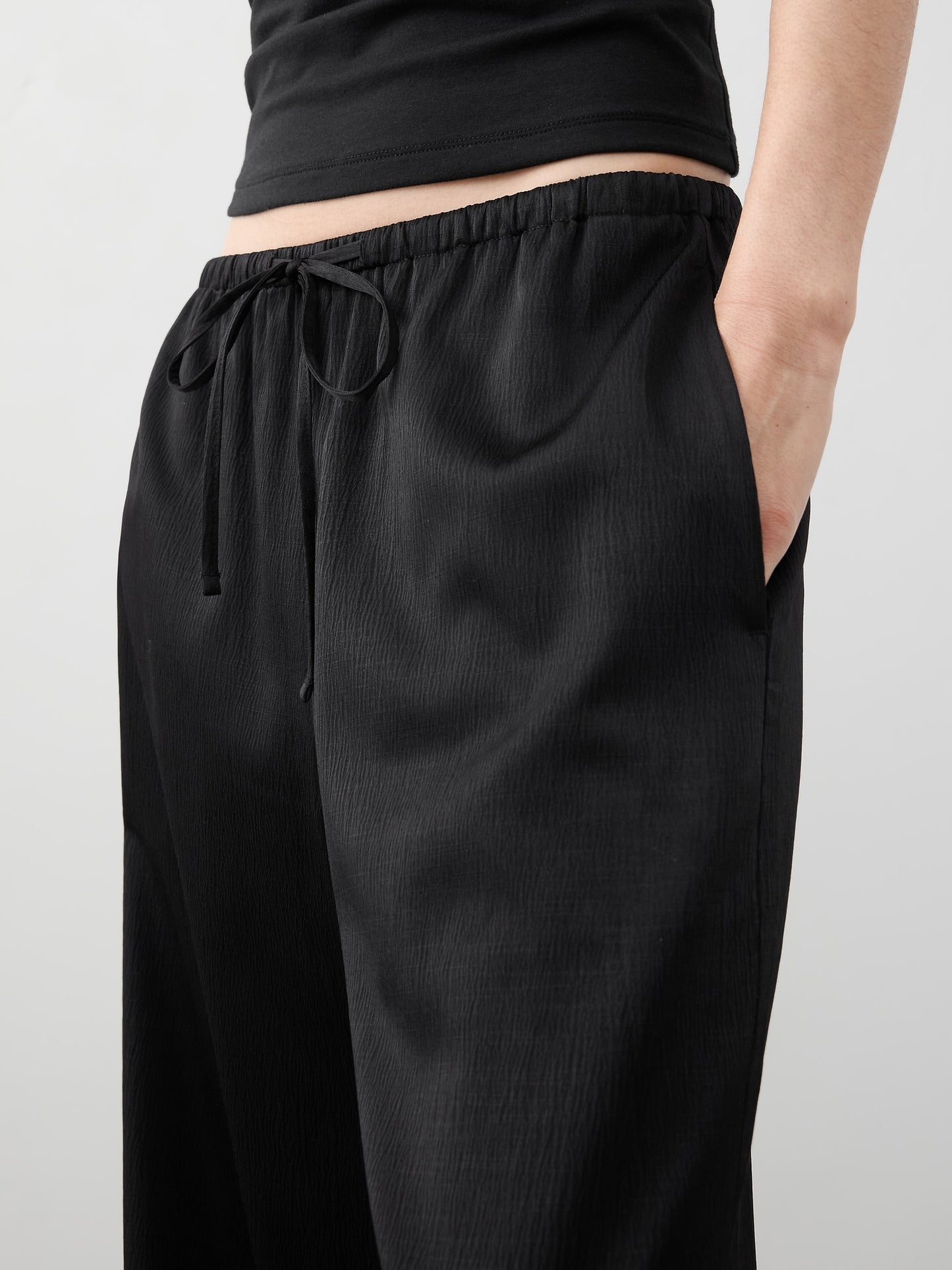 Wide-Leg Crinkled Satin Pull-On Pant