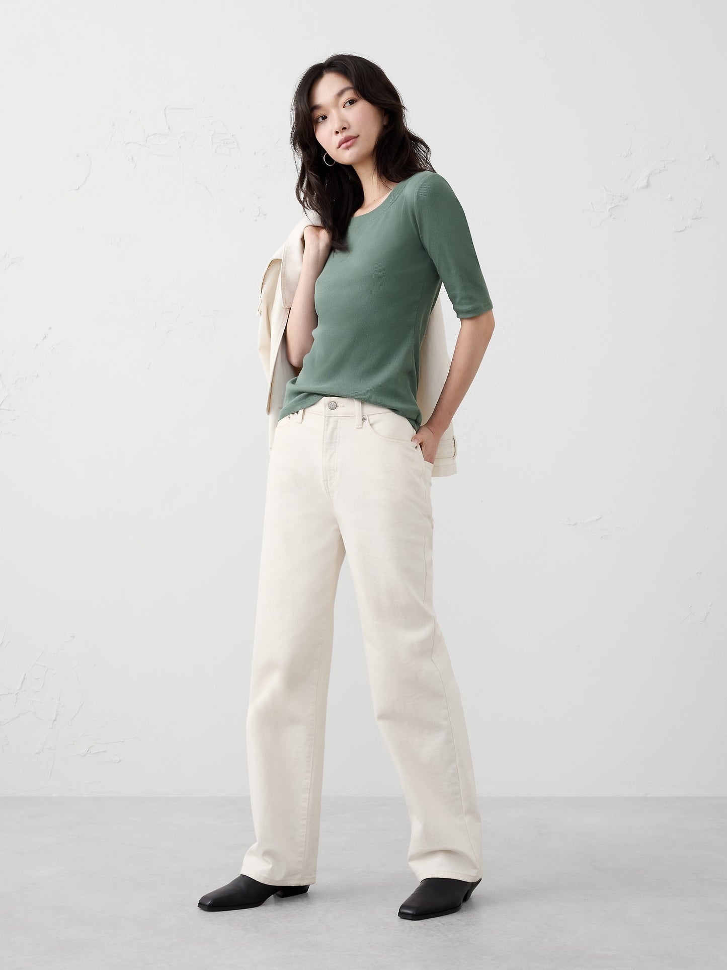 Ribbed Elbow-Sleeve T-Shirt