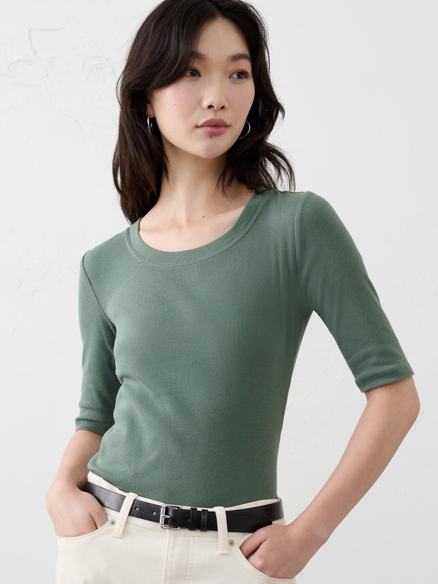Ribbed Elbow-Sleeve T-Shirt