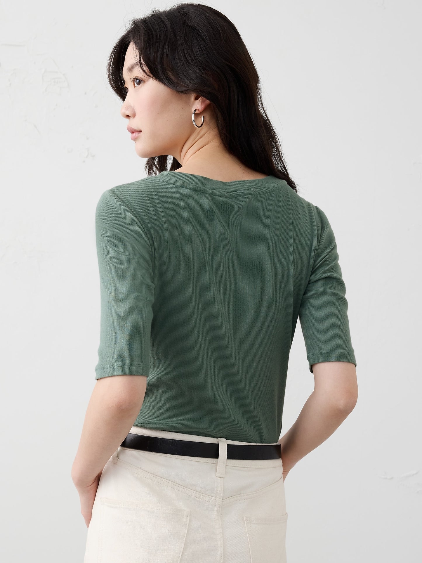 Ribbed Elbow-Sleeve T-Shirt