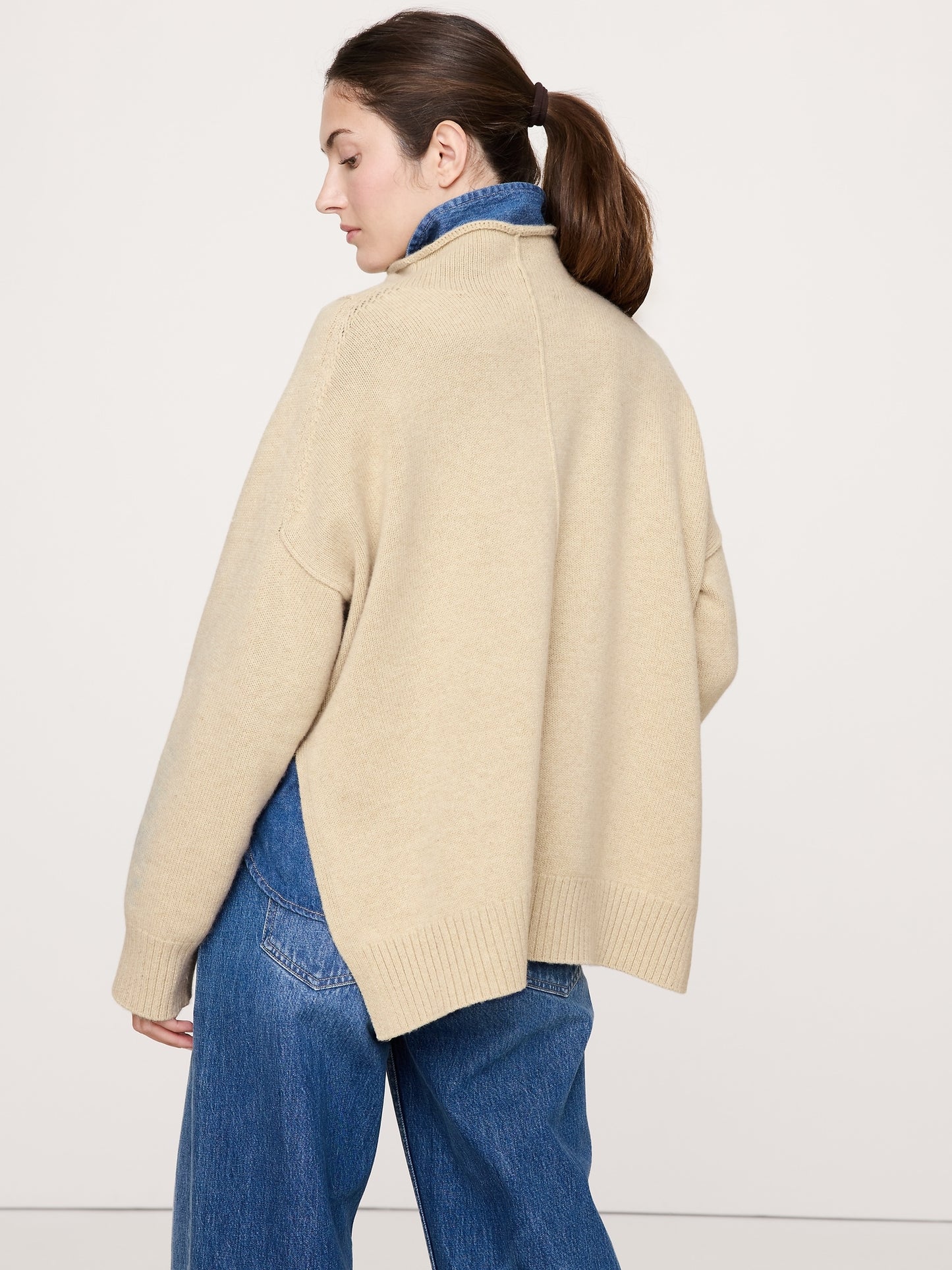 Oversized Merino-Cotton High-Low Funnel-Neck Sweater