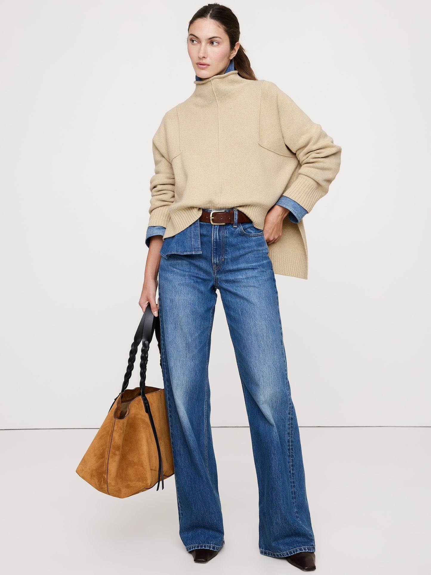 Oversized Merino-Cotton High-Low Funnel-Neck Sweater