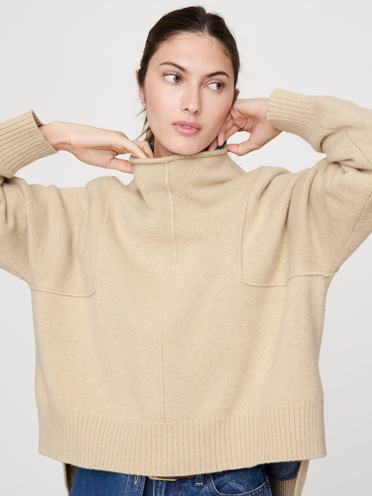 Oversized Merino-Cotton High-Low Funnel-Neck Sweater