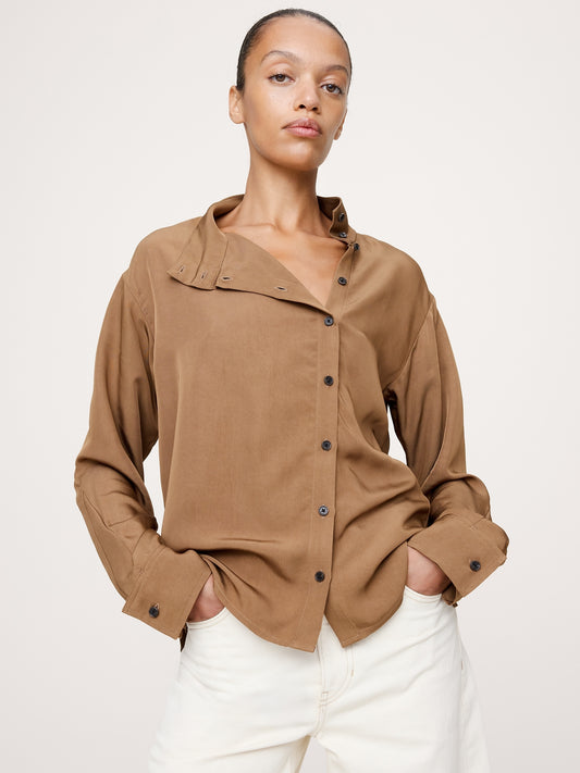 Drapey Twill Asymmetrical Button-Front Blouse