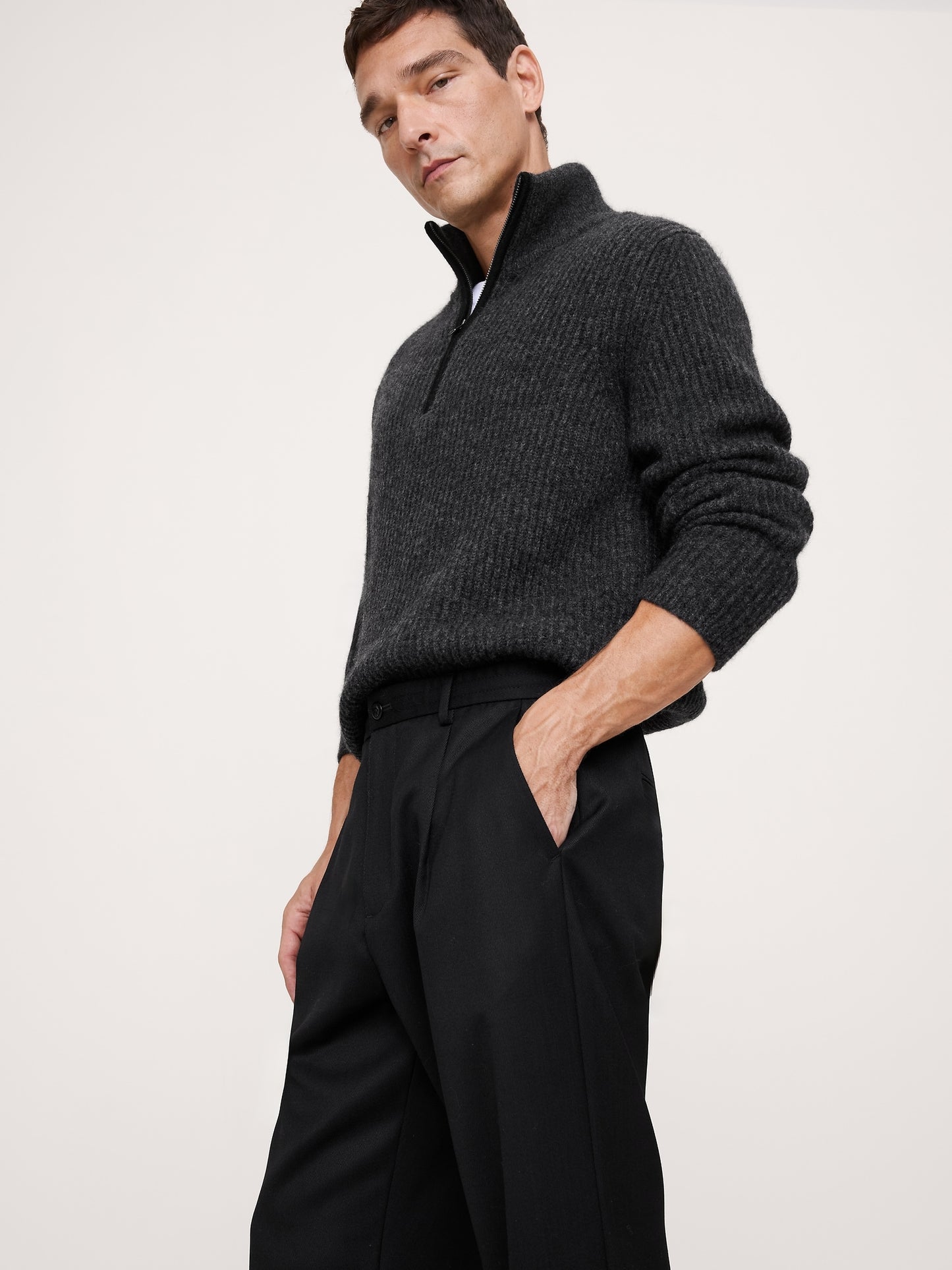 Relaxed Pleated Pull-On Twill Dress Pant