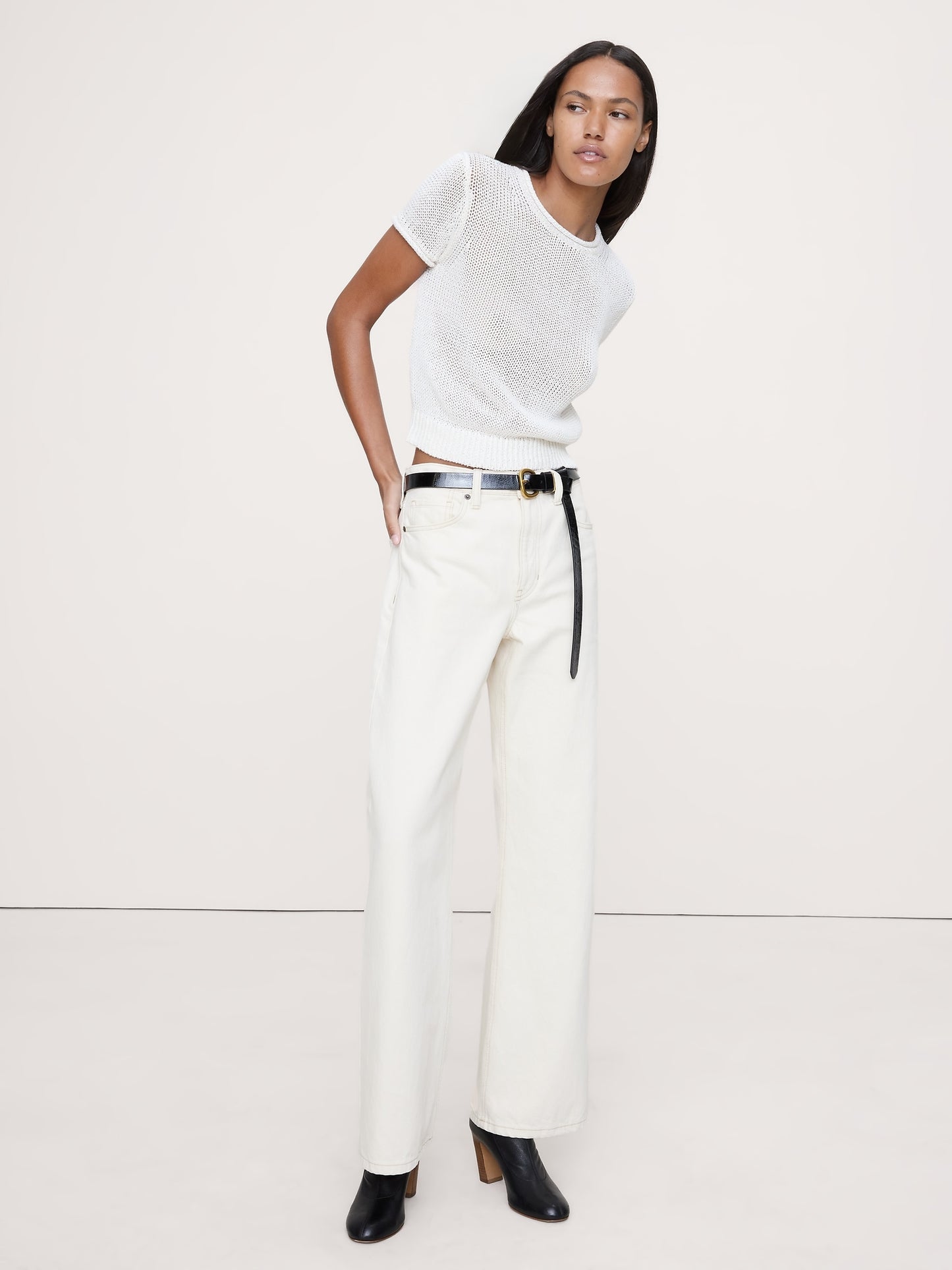 Fitted Linen Short-Sleeve Sweater