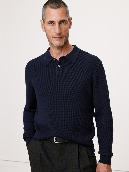 Merino Waffle-Knit Sweater Polo
