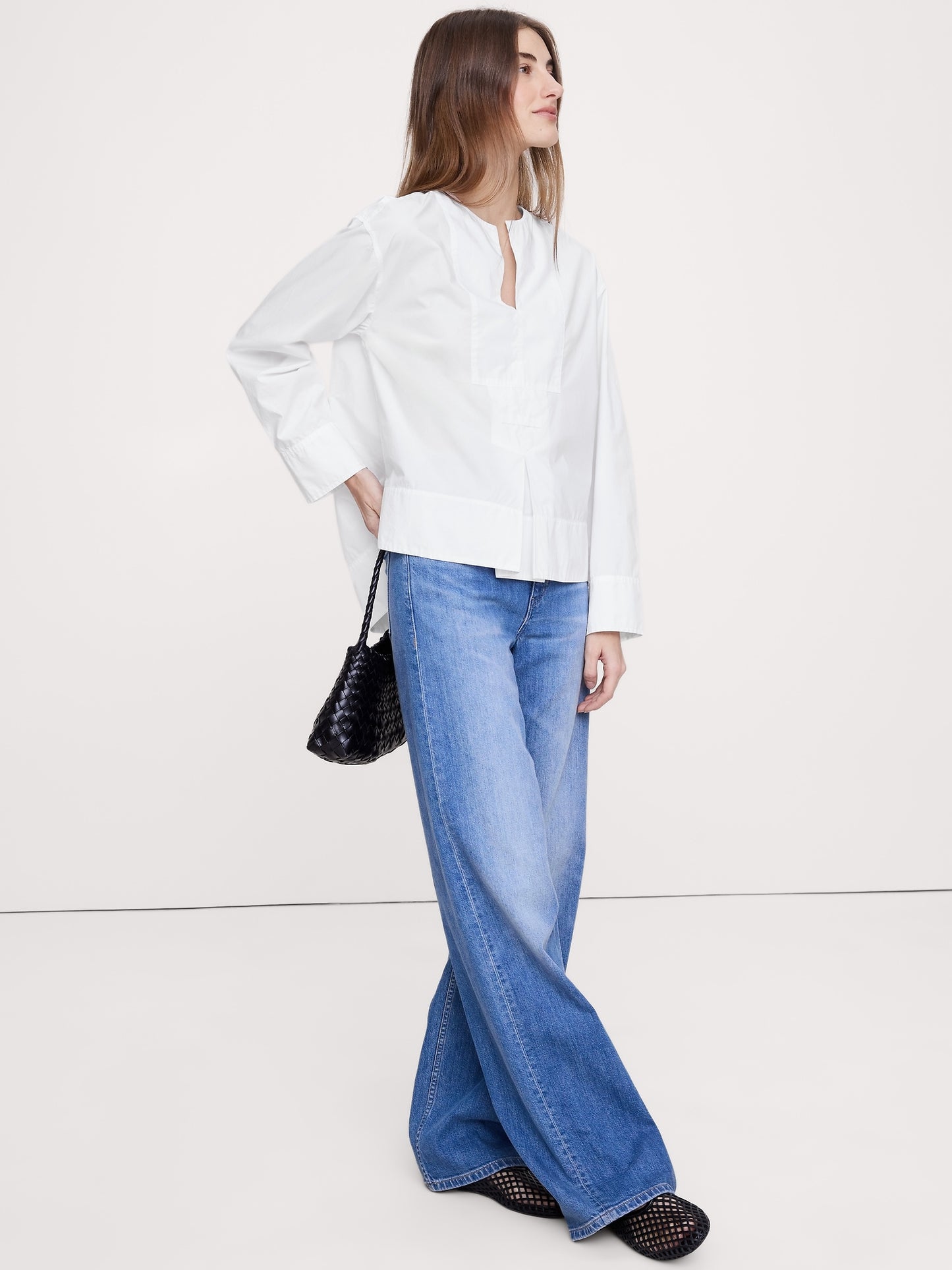 Cotton Poplin Popover Top with Rolled Cuffs