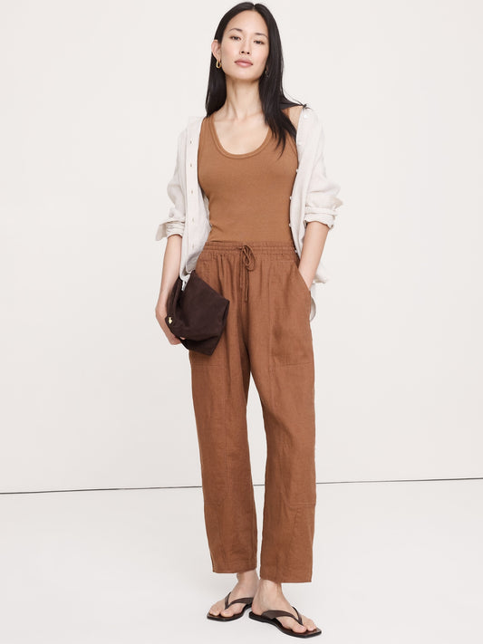 Barrel-Leg Linen Pull-On Pant