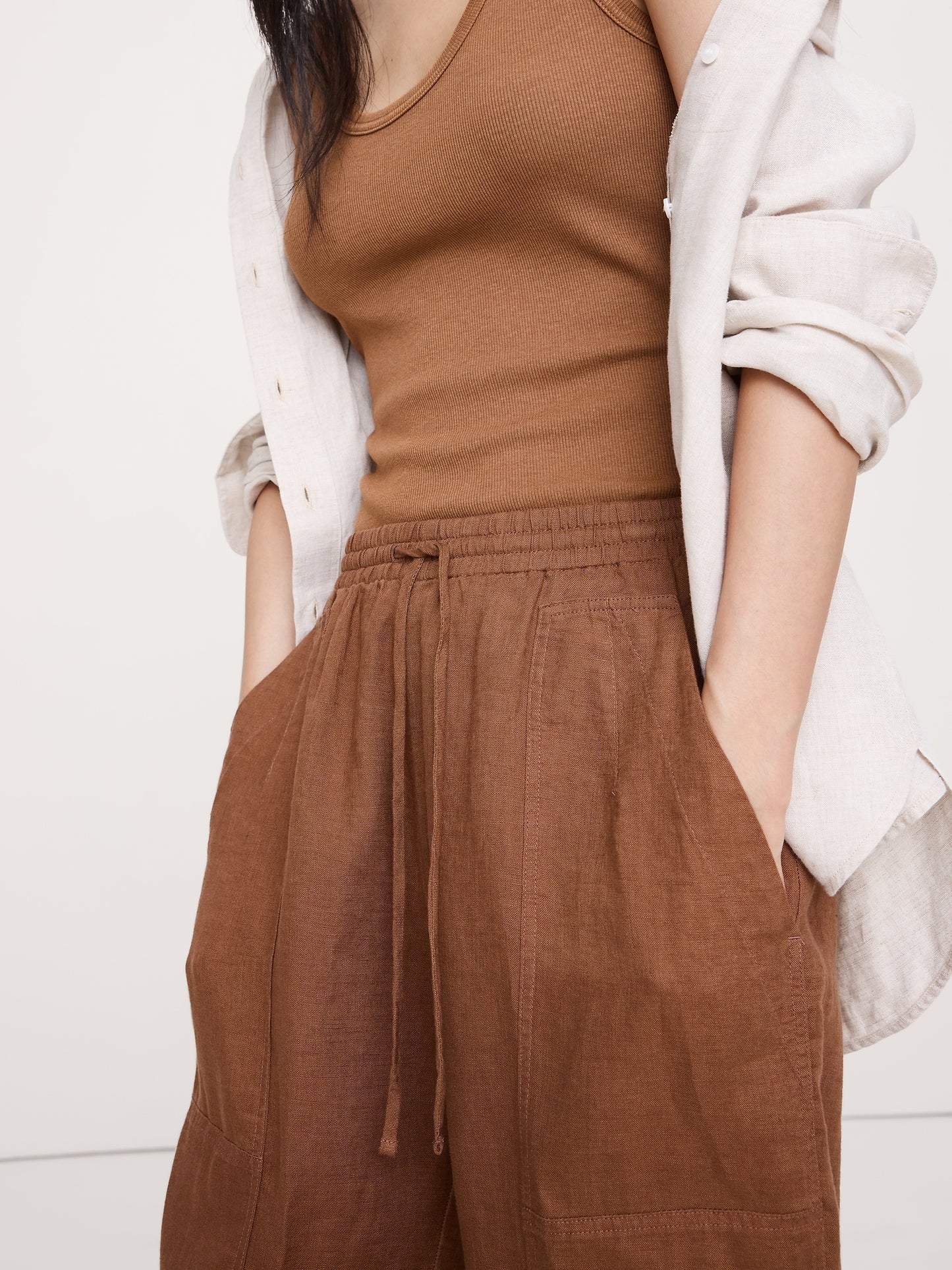 Barrel-Leg Linen Pull-On Pant