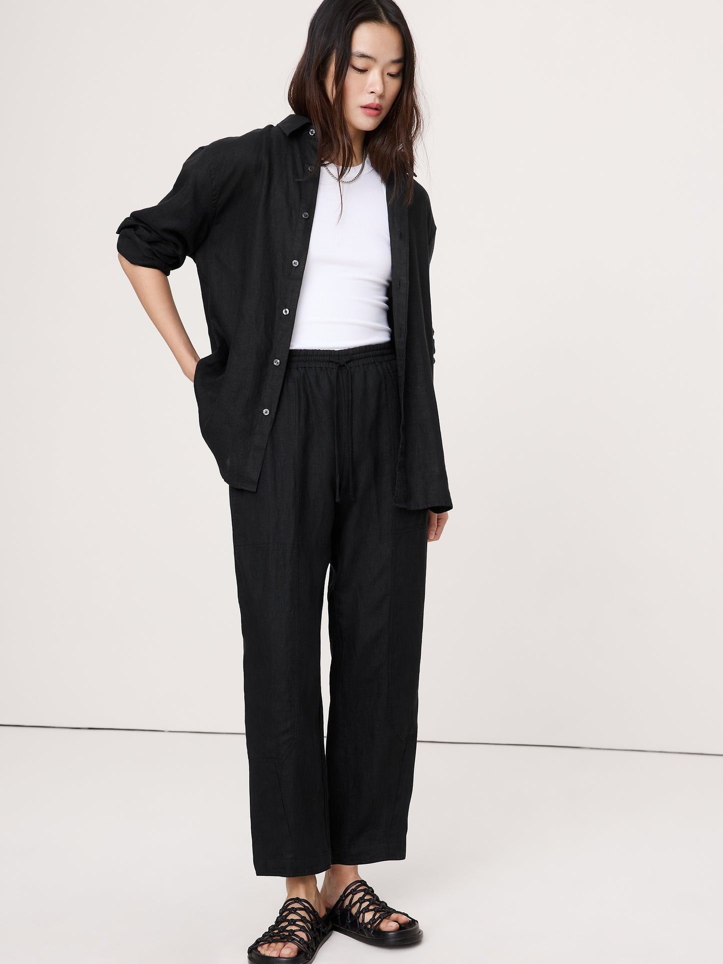 Barrel-Leg Linen Pull-On Pant