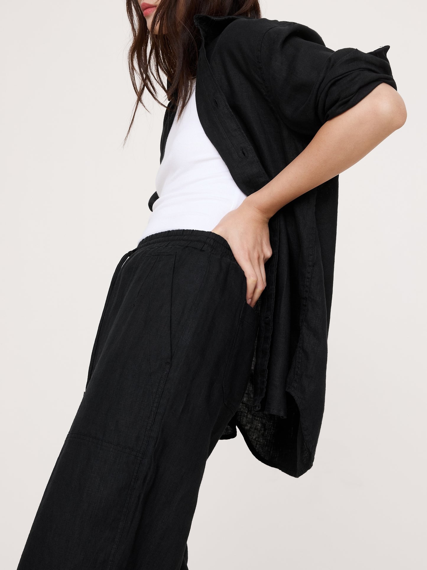 Barrel-Leg Linen Pull-On Pant