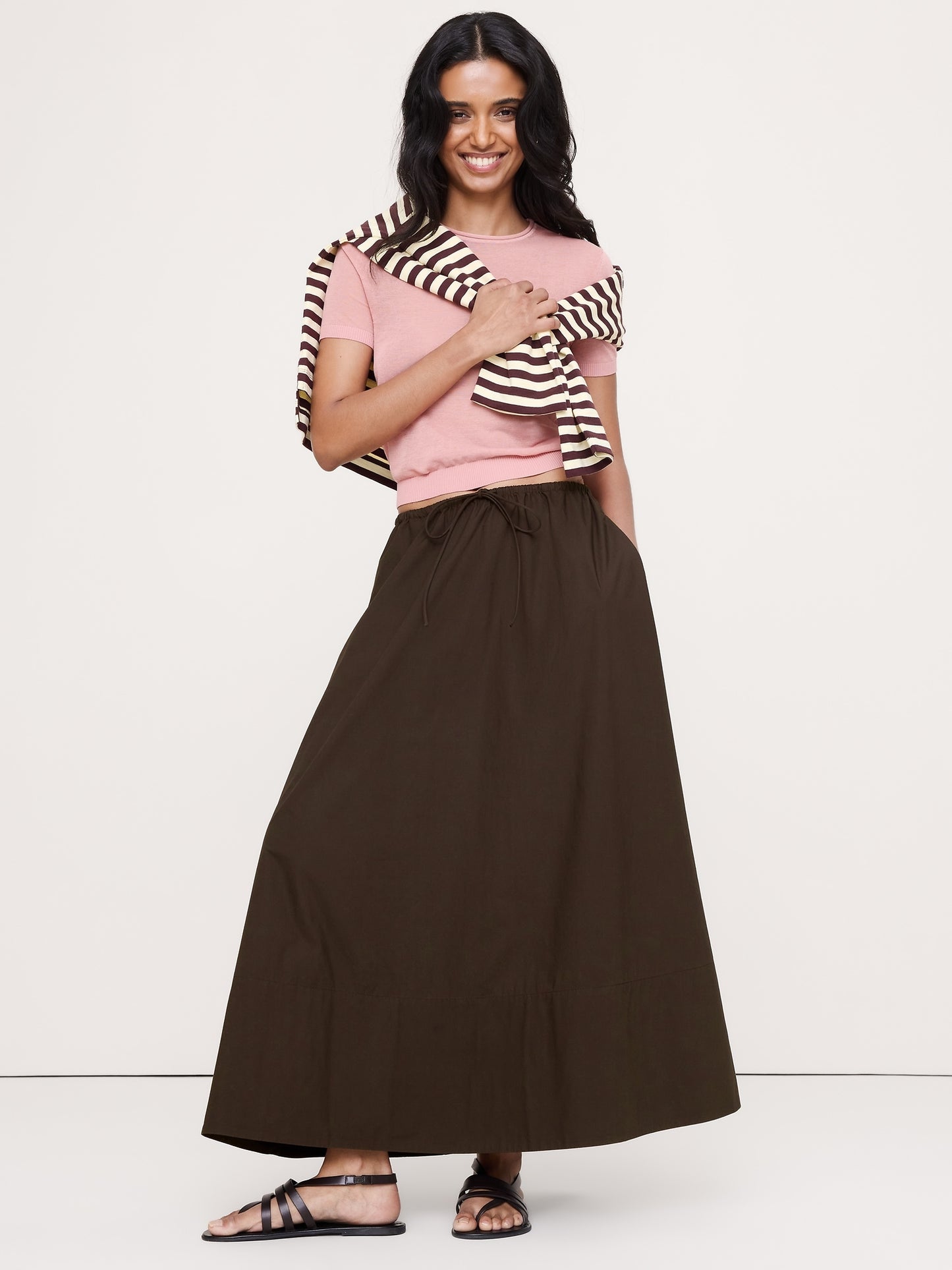Cotton Poplin Drawstring Maxi Skirt