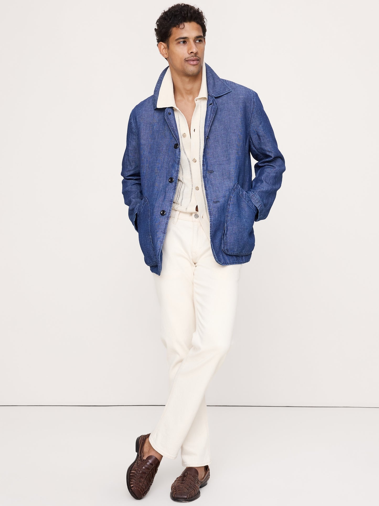 Pointelle Linen-Cotton Polo Cardigan