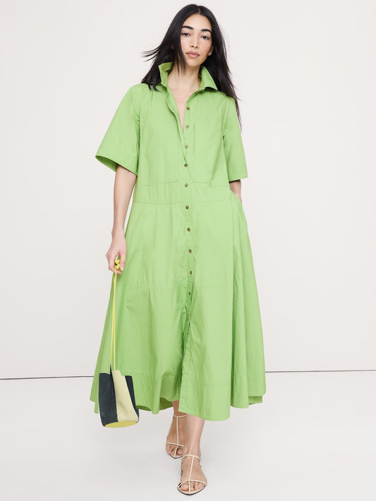Cotton Poplin Trapeze Maxi Shirt Dress