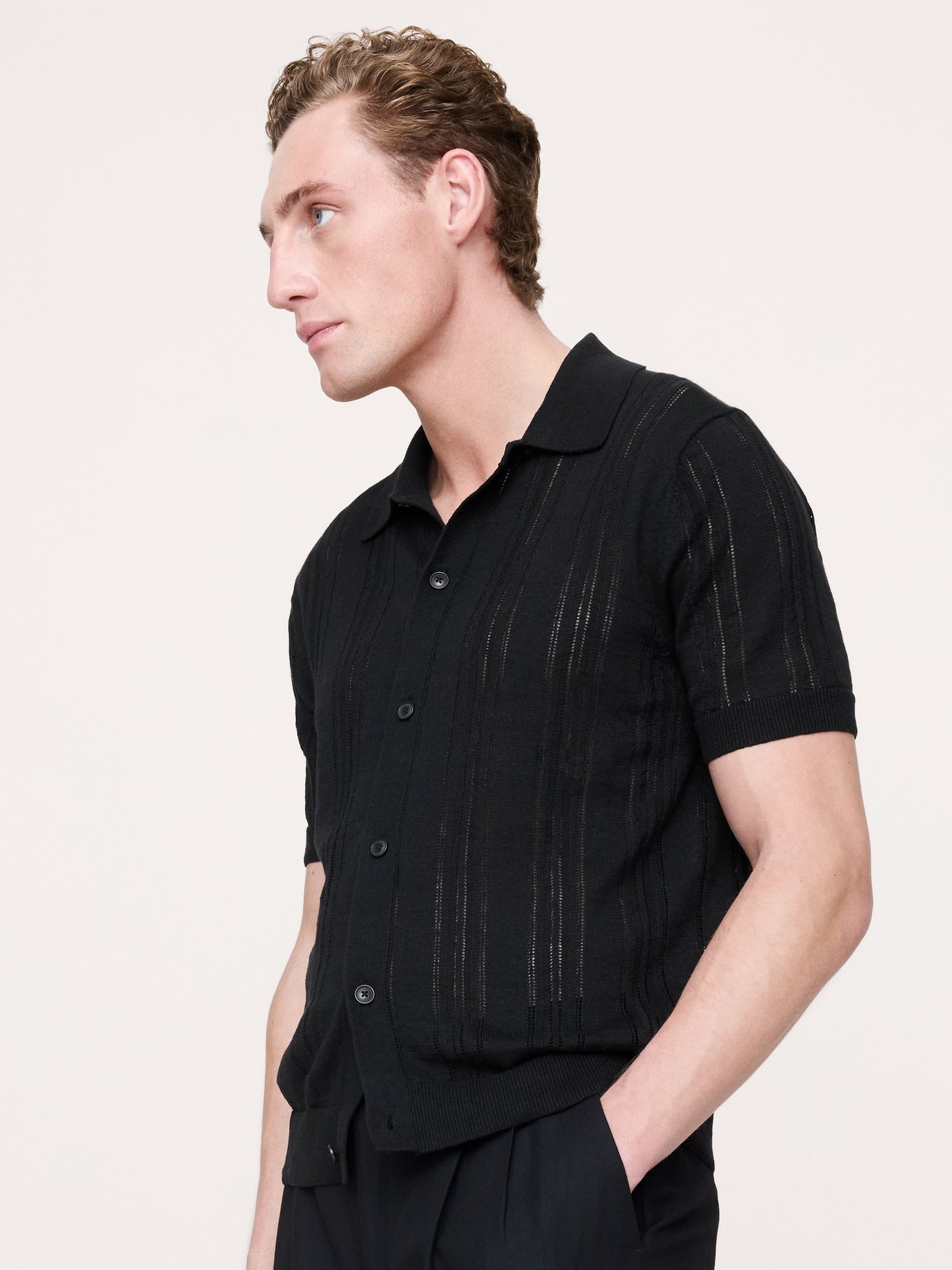 Pointelle Linen-Cotton Polo Cardigan