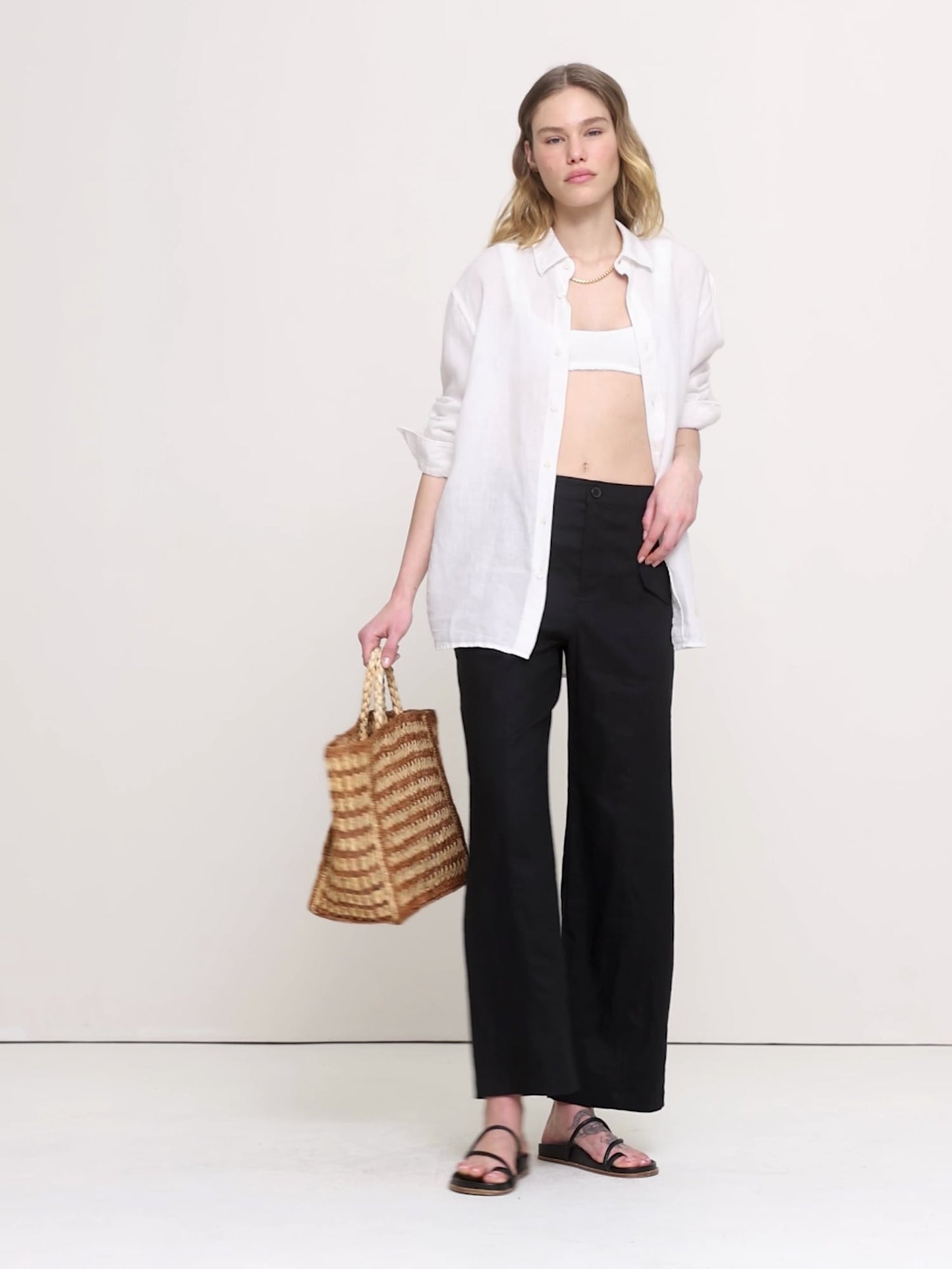 High-Rise Straight Utility Pant in Stretch Linen-Viscose
