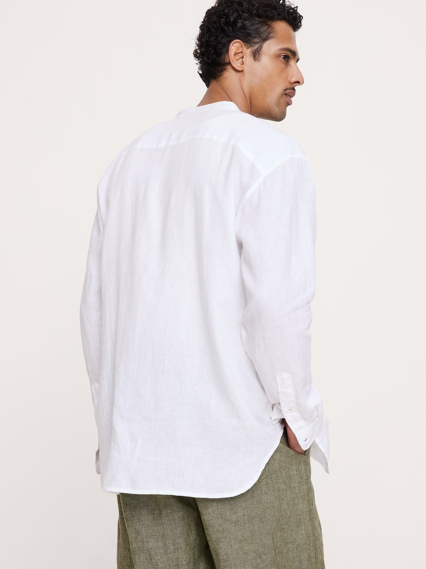 Relaxed-Fit Linen Banded-Collar Shirt