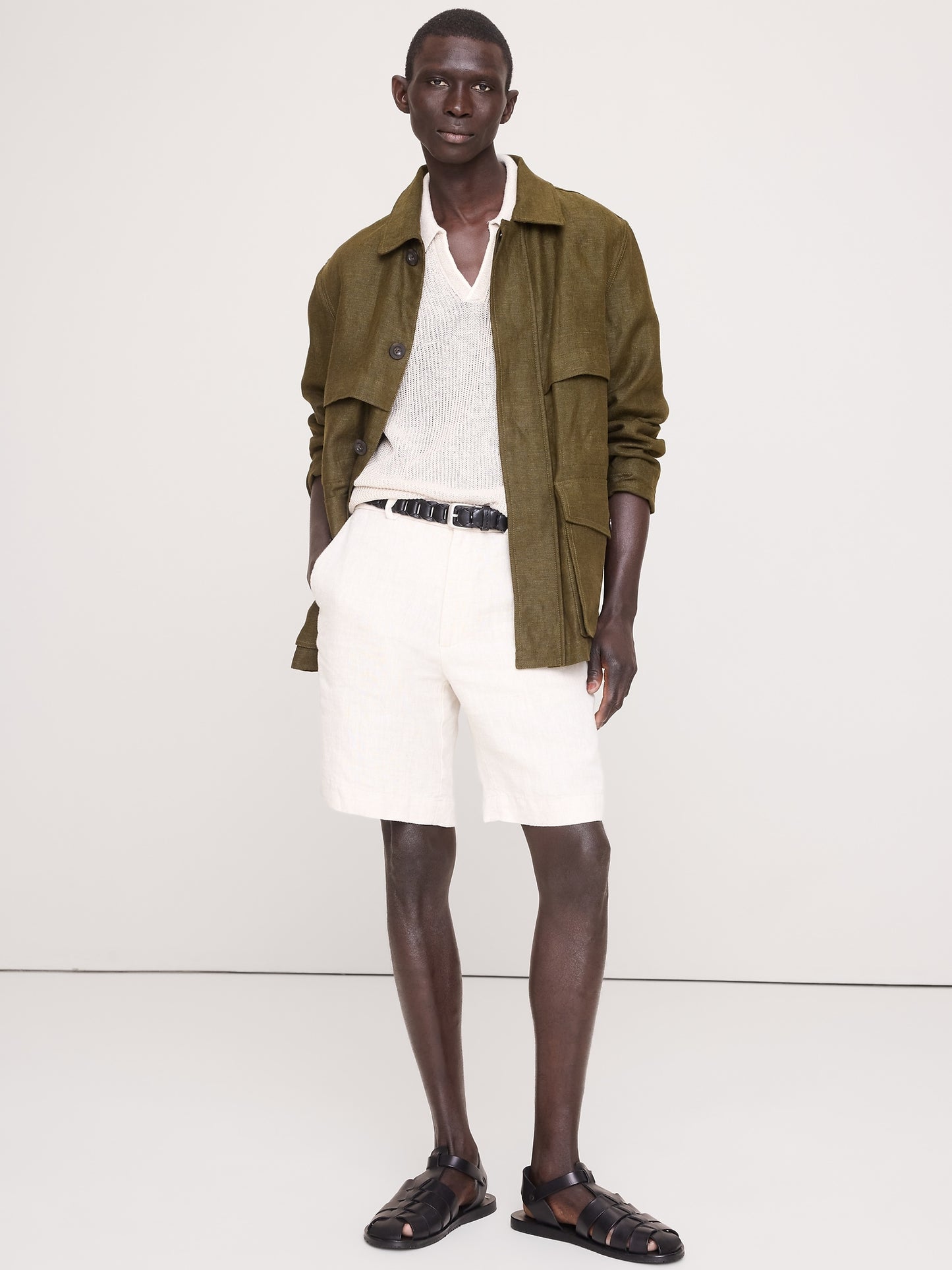 Linen-Cotton Johnny-Collar Sweater Polo