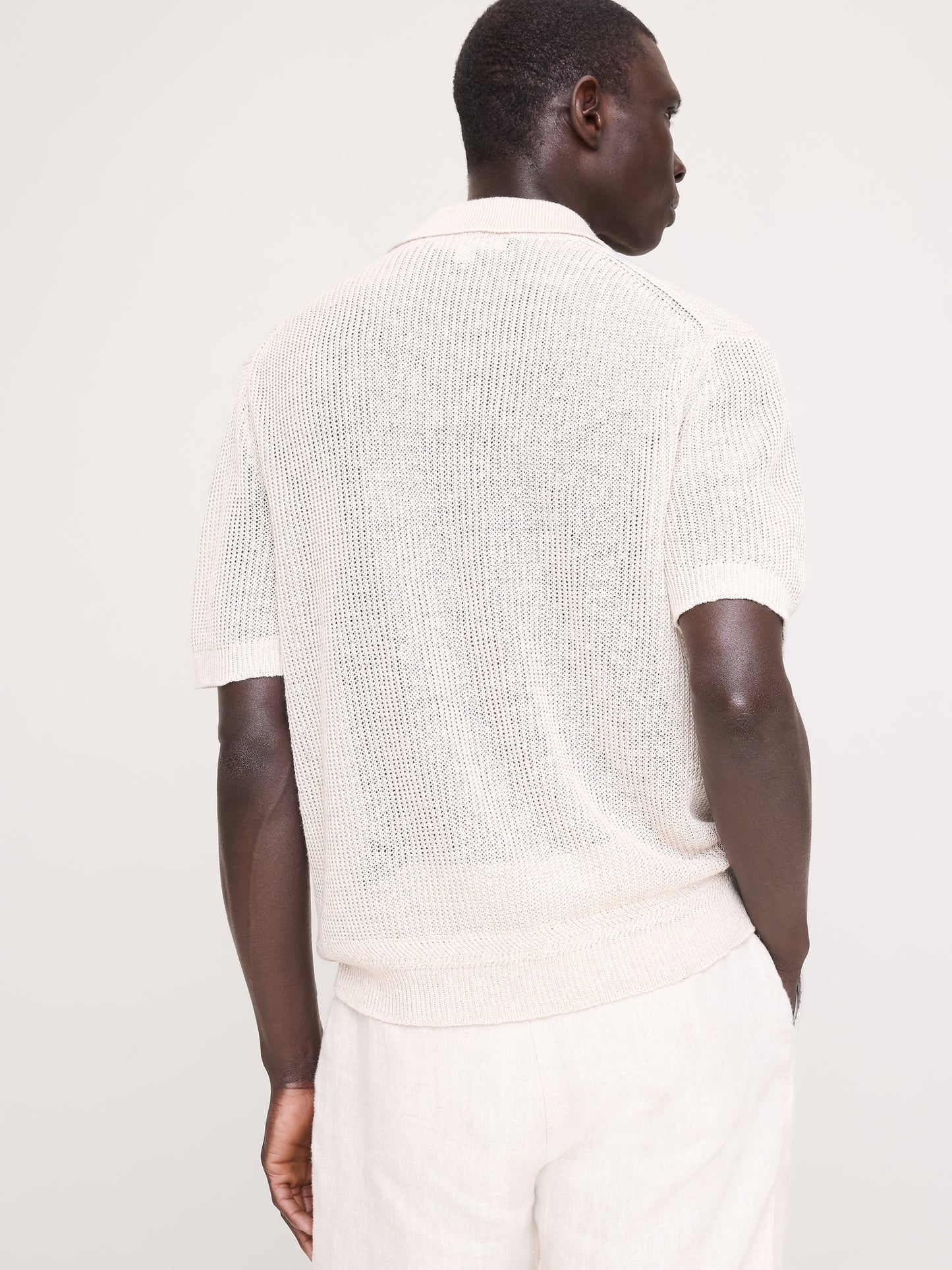 Linen-Cotton Johnny-Collar Sweater Polo
