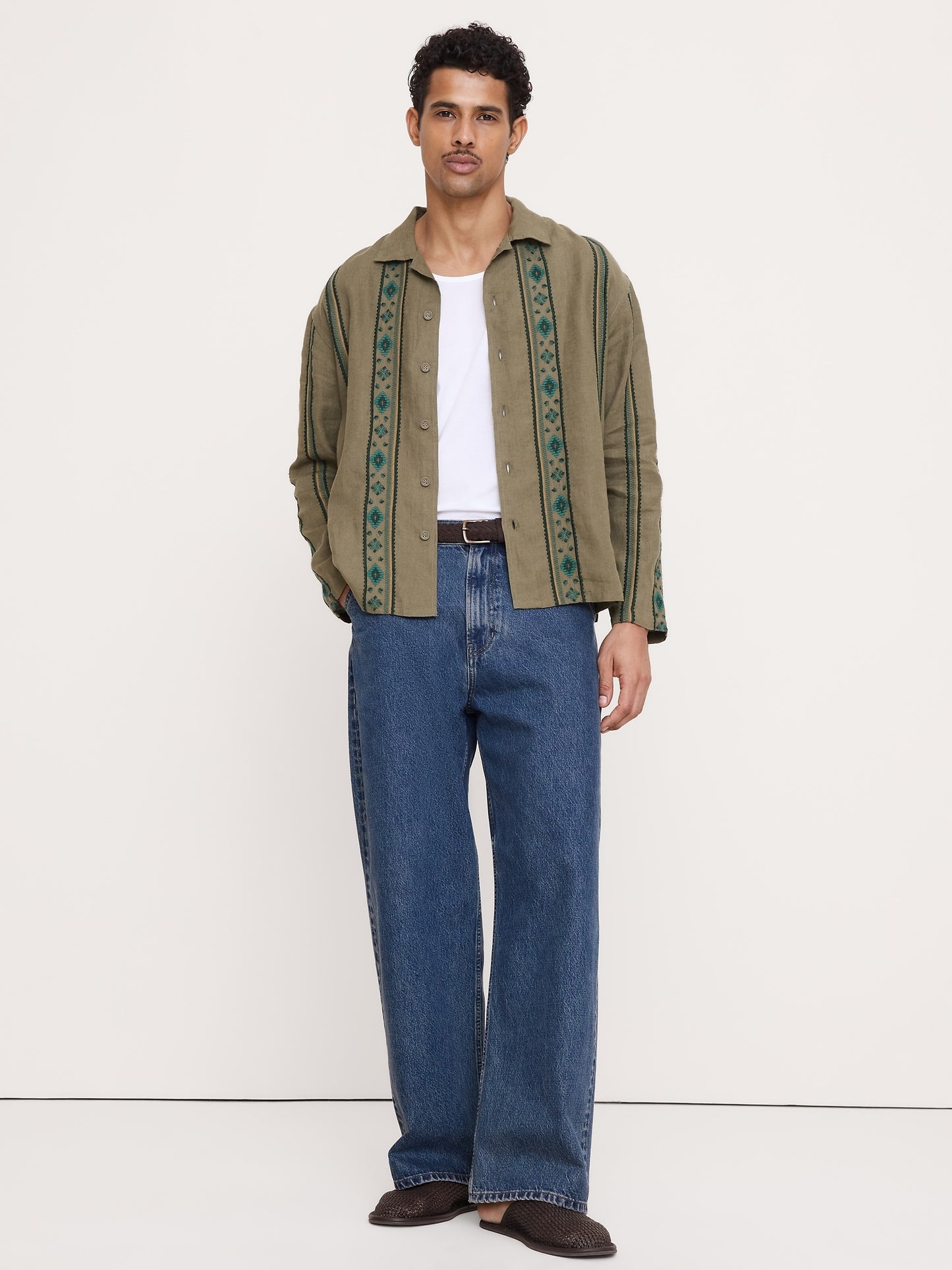 Relaxed-Fit Embroidered Linen Long-Sleeve Resort Shirt