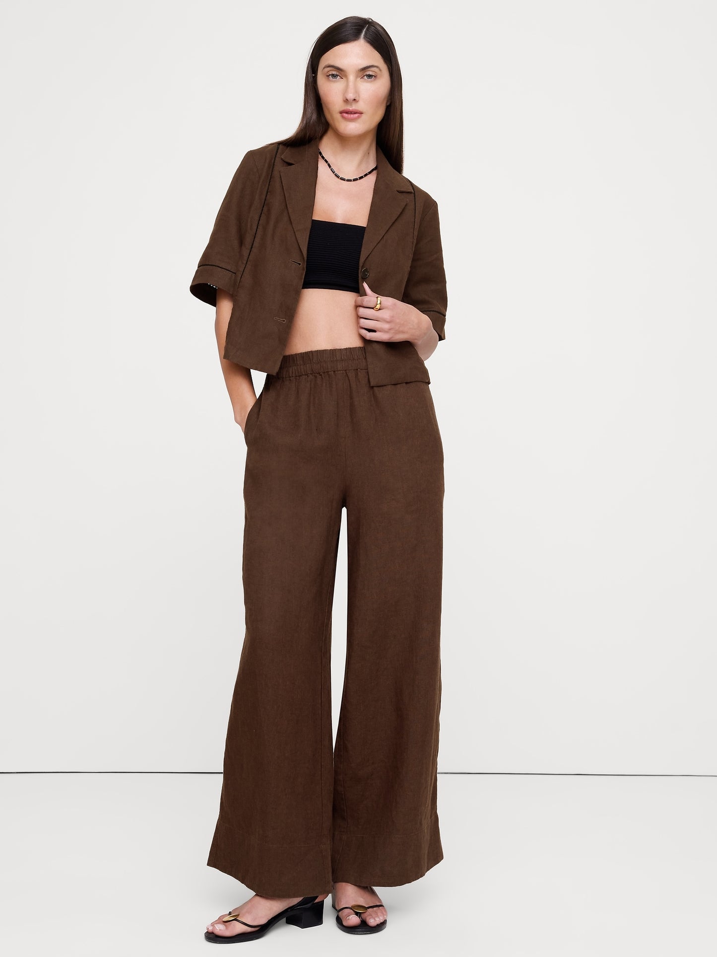 Linen Short-Sleeve Blazer Top