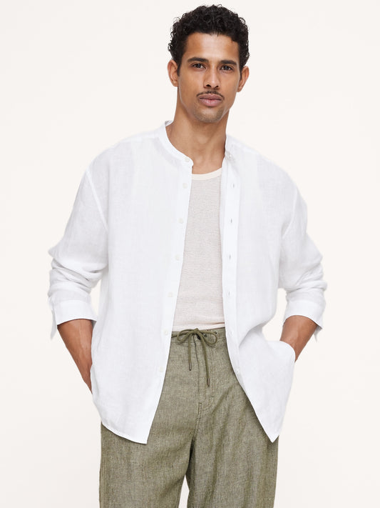 Relaxed-Fit Linen Banded-Collar Shirt