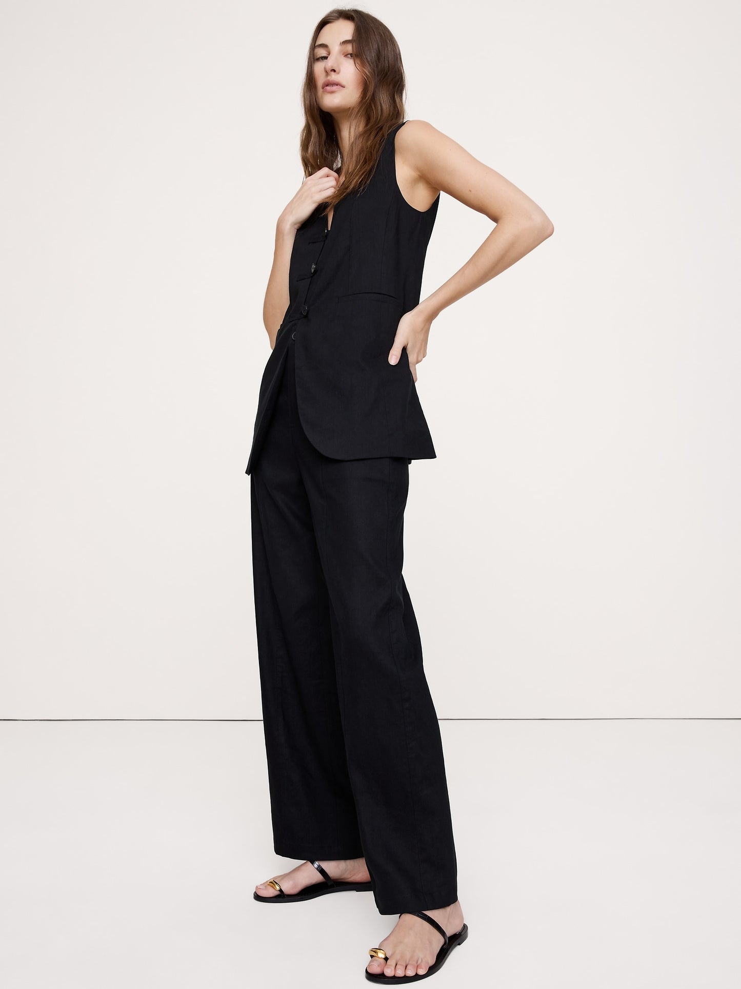 High-Rise Straight Utility Pant in Stretch Linen-Viscose